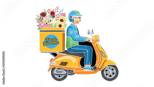 Floral Delivery Ride: A cheerful courier, mounted on a vibrant scooter, expertly navigates the city, carrying a delightful bouquet of fresh flowers for a special someone.