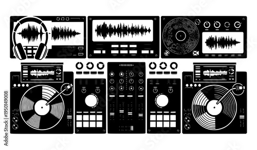 Techno DJ Vector Set Digital Music Interface Mixer Turntable Silhouette