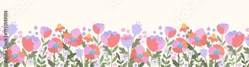 Cute hand drawn vector flowers horizontal seamless border, great for decorative prints, textiles, banners