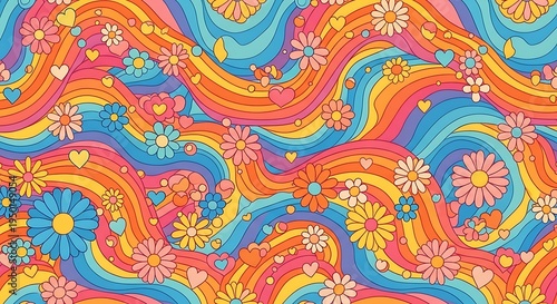 Vibrant, colorful psychedelic illustration with wavy rainbow stripes, flowers, and hearts