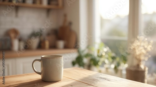 Wallpaper Mural White ceramic mug on a wooden table in a kitchen. the mug has a handle and appears to be empty. the table is in front of a window with a view of the mountains outside. Torontodigital.ca