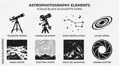 Astronomy Vector Silhouette Icon Set Featuring Telescope, Astrophotography Camera, Constellation, Galaxy, Solar Satellite, Star Trails, Night Sky, and Camera Aperture for Space and Design Use