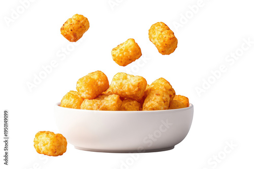 A white bowl brimming with crispy golden tater tots, with several pieces dynamically falling around the container for a playful effect on a Transparent Background