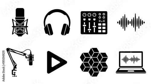 Audio Recording Vector Silhouette Icon Set Featuring Studio Microphone, Headphones, Mixing Console, Sound Wave, Boom Mic, Play Button, Digital Grid, and Laptop Waveform for Music and Media Design Use