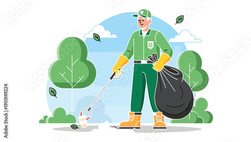 Community Stewardship: A dedicated individual diligently cleans up a park, symbolizing a commitment to community improvement and environmental care.
