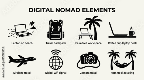 Digital Nomad Vector Silhouette Icon Set Featuring Laptop by Ocean, Backpack, Palm Tree Work, Coffee Desk, Airplane, Globe Wi-Fi, Camera, and Hammock for Travel and Design Use