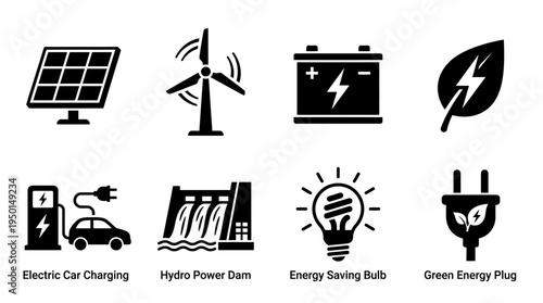 Renewable Energy Vector Silhouette Icon Set Featuring Solar Panel, Wind Turbine, Battery, Eco Leaf Bolt, Electric Car Charging, Hydro Dam, Light Bulb, and Green Plug for Sustainability and Design Use