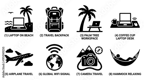 Digital Nomad Vector Silhouette Icon Set Featuring Laptop by Ocean, Backpack, Palm Tree Work, Coffee Desk, Airplane, Globe Wi-Fi, Camera, and Hammock for Travel and Design Use