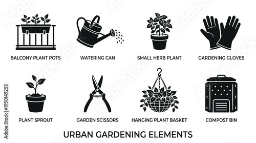Gardening Vector Silhouette Icon Set Featuring Potted Plants, Watering Can, Gloves, Sprouting Plant, Pruning Shears, Hanging Basket, and Trash Bin for Nature and Design Use