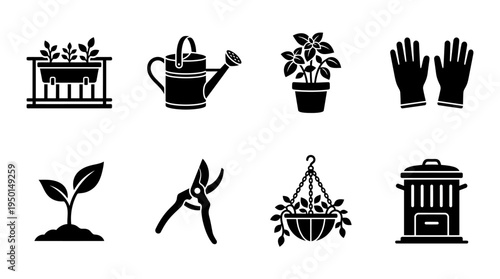Gardening Vector Silhouette Icon Set Featuring Potted Plants, Watering Can, Gloves, Sprouting Plant, Pruning Shears, Hanging Basket, and Trash Bin for Nature and Design Use