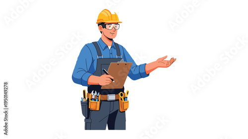 Construction Worker Presenting: A skilled construction worker, equipped with a hard hat, safety glasses, and tool belt, gestures with a clipboard in hand.