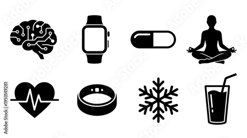 Health and Wellness Vector Silhouette Icon Set Featuring AI Brain, Smartwatch, Pill, Meditation Pose, Heartbeat, Fitness Ring, Snowflake, and Hydration Glass for Lifestyle and Design Use
