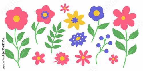 A collection of colorful stylized flowers with green stems and leaves