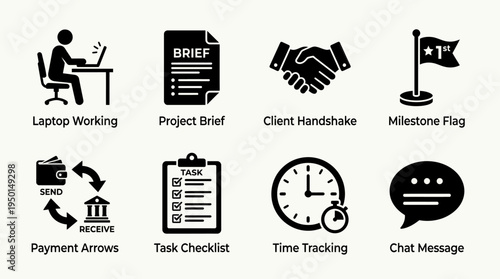 Business Productivity Vector Silhouette Icon Set Featuring Laptop Work, Project Document, Handshake, Goal Flag, Dollar Arrows, Checklist, Clock, and Speech Bubble for Office and Design Use