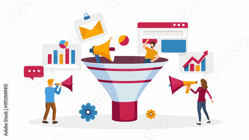 Business professionals amplifying marketing strategy with megaphones and charts