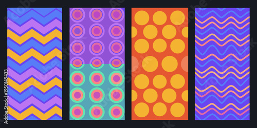 Four vibrant geometric patterns arranged in a grid formation