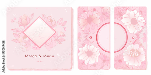 Pink floral wedding invitation suite with diamond and circle frames