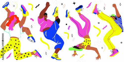 Joyful figures dancing and celebrating with vibrant colorful energy