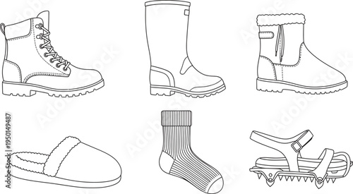 Set of diverse footwear including boots sandals and a sock rendered in a minimalist outline vector style ideal for fashion and outdoor apparel designs