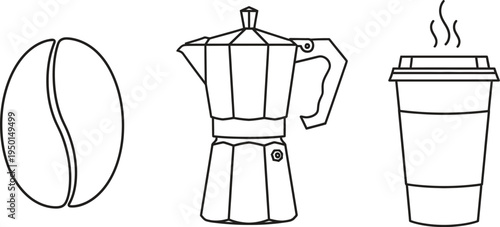 Set of minimalist coffee icons featuring a bean Moka pot and disposable cup perfect for cafe branding or web design elements