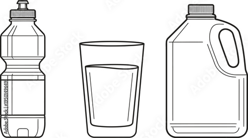 Collection of drink containers featuring a sport bottle glass of water and gallon jug rendered in a minimalist line art vector style for health and packaging designs