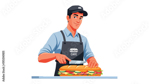 Sandwich Artist: A skilled artisan expertly slices through a delectable sandwich, embodying culinary craftsmanship and attention to detail.