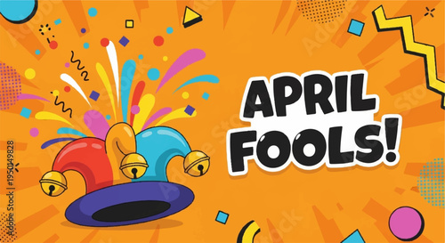 Colorful april fools' day celebration with confetti and party hats on vibrant orange background with joyful text