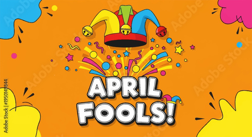 Colorful april fools' day celebration with jester and confetti on orange background