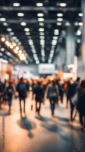 Arte abstracto de una feria profesional animada con multitud en movimiento e iluminación cálida	