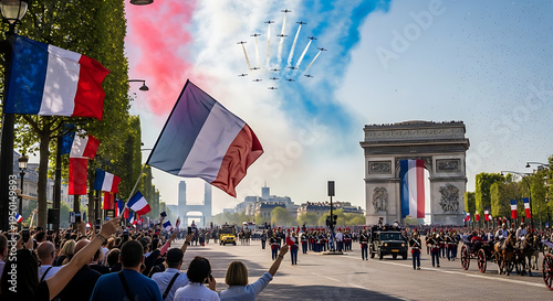 Bastille Day Parade on Champs-Élysées with Tricolore Flags and Air Show Displaying French National Colors