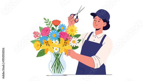 Art of Floral Arrangement: A skilled florist meticulously arranges a vibrant assortment of blooms, bringing an artistic touch to the craft. Emphasizing dedication and floral design.