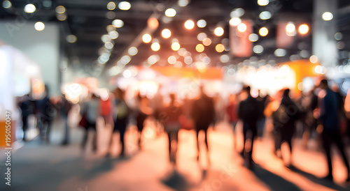 Arte abstracto de una feria profesional animada con multitud en movimiento e iluminación cálida	