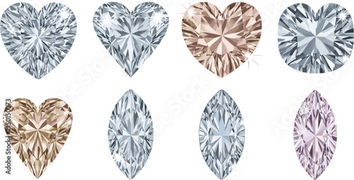 Elegant Heart-Shaped and Marquise-Cut Diamond Gemstones Vector Set Featuring Clear, Pink, Blue, and Lavender Diamonds for Luxury Jewelry Designs