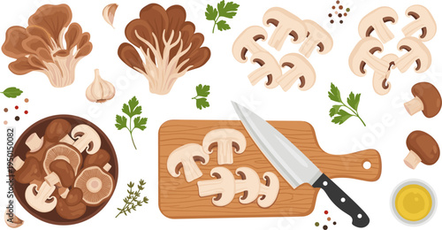 Fresh Edible Mushroom Cooking Ingredients Vector Set with Sliced Champignon Mushrooms, Cutting Board, Kitchen Knife, Garlic, Herbs, Olive Oil, and Food Preparation Elements