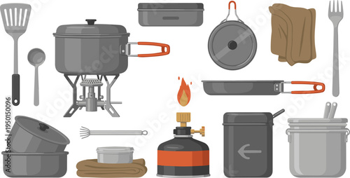Outdoor Camping Cooking Equipment and Backpacking Kitchen Gear Vector Set Featuring Portable Stove, Pots, Pans, Utensils, Fuel Canister, Mess Kit, and Campfire Cooking Tools