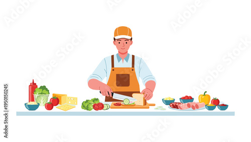 Crafting a Culinary Creation: A culinary artist expertly prepares a delicious meal with a symphony of fresh ingredients. A vibrant illustration of precision and taste.