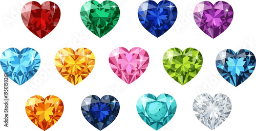 Colorful Heart-Shaped Gemstones Collection Vector Set Featuring Ruby, Emerald, Sapphire, Topaz, Amethyst, Diamond, and Other Precious Stones in Various Colors