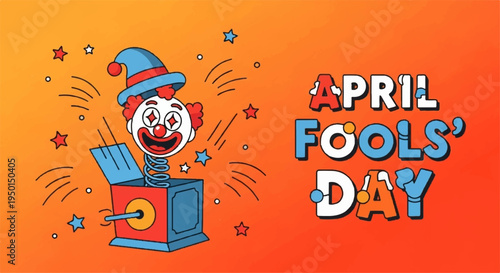 Colorful april fools' day illustration with cartoon clown popping out of a box on orange background with stars