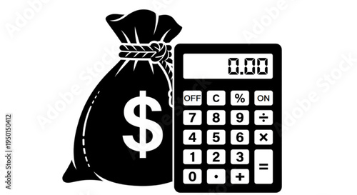 Overlapping vector image showing a calculator positioned in front of a money sack symbolizing financial services, tax preparation, and commercial auditing procedures.