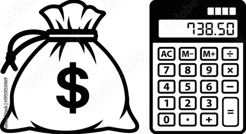 A black and white vector image featuring a large money bag with a dollar sign next to a digital calculator showing a balance.