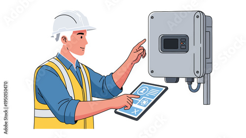 Energy Efficiency: A worker wearing a safety vest inspects and monitors an electrical panel with a digital tablet.