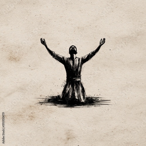 Black and white illustration of a person with raised arms, seemingly in water, on textured paper