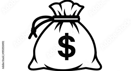 A simple black and white vector image of a drawstring money bag with a prominent dollar sign on the front of the sack.