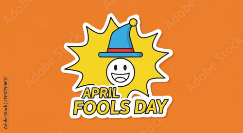 April fools day cartoon face with blue jester hat on orange background with yellow starburst