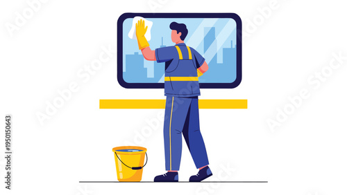 Window Cleaning: A dedicated window cleaner, equipped with a yellow glove and a bucket, diligently polishes a window, revealing a crisp cityscape. A testament to meticulous work ethic.