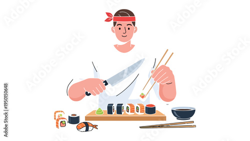 Sushi Master at Work: A skilled sushi chef, with focused precision, meticulously prepares a delightful array of sushi rolls and nigiri, ready for an exquisite dining experience.