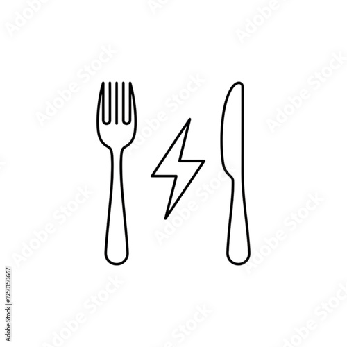 A conceptual black and white vector image featuring a lightning bolt symbol placed between a vertical dining fork and a table knife.