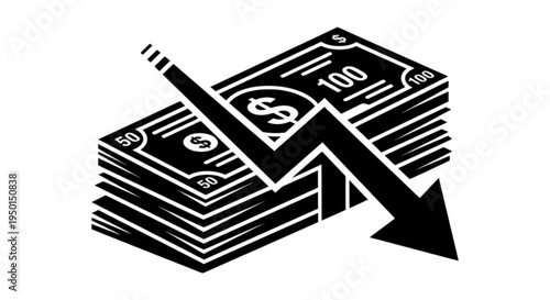 A professional vector image illustrating a financial crisis or economic downturn with a bold downward arrow cutting through a thick stack of cash.