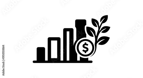 A conceptual vector image showcasing a bar chart showing positive growth alongside a dollar coin and leaves representing sustainable financial development and investment.