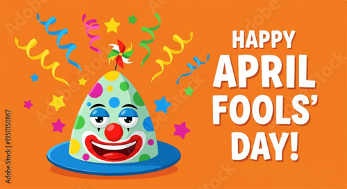 Colorful clown face with confetti and text happy april fools' day on orange background with party decorations